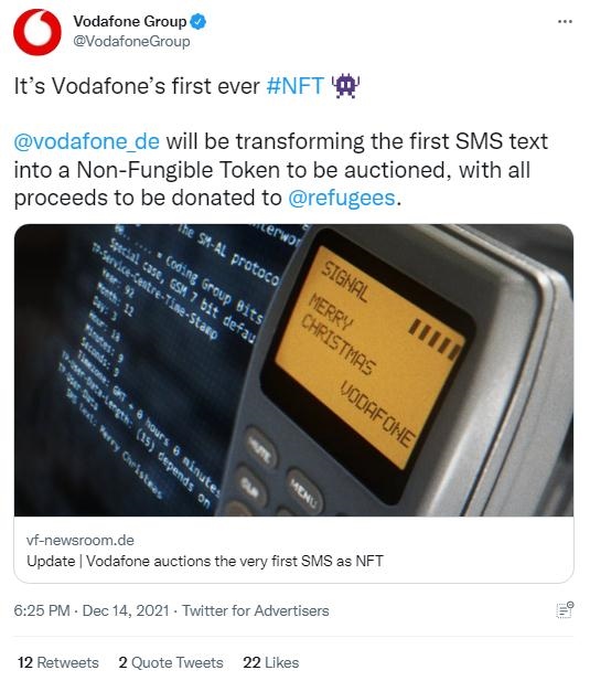 英國(guó)沃達(dá)豐公司也表示，計(jì)劃將拍賣所得全部捐贈(zèng)給聯(lián)合國(guó)難民署，以支持那些被迫逃離家園的人。(圖片來(lái)源：英國(guó)沃達(dá)豐公司社交媒體截圖)