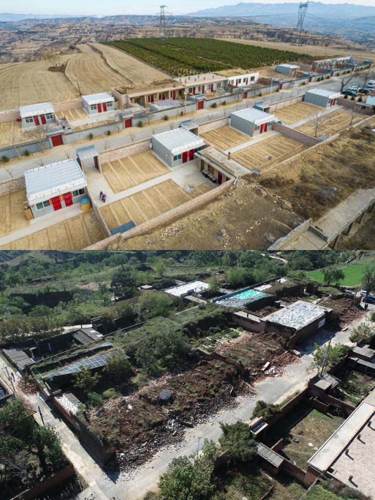 拼版照片，上圖是2022年1月山西省霍州市師莊鄉(xiāng)馮南垣村災(zāi)后恢復(fù)重建后的場(chǎng)景，下圖是2021年10月村莊因?yàn)?zāi)受損的場(chǎng)景。(霍州市委宣傳部供圖)