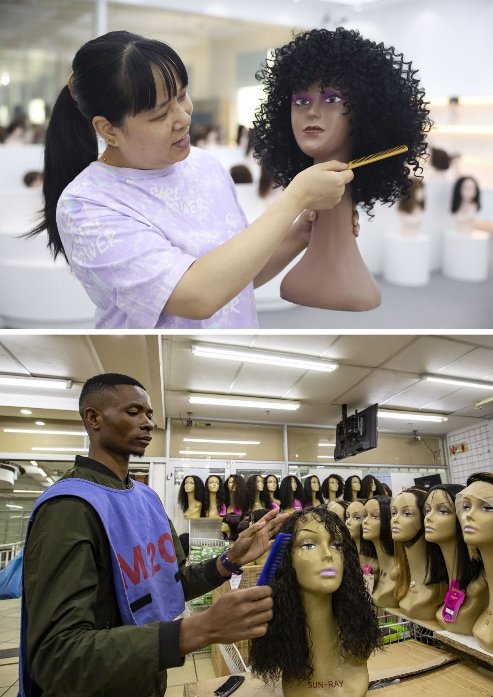 拼版照片：上圖為2023年5月25日，工人在湖南邵陽陽光發(fā)品有限公司展廳展示假發(fā)（新華社記者薛宇舸攝）；下圖為2023年6月9日，一名店員在湖南邵陽陽光發(fā)品有限公司位于南非約翰內斯堡的店鋪內展示假發(fā)（新華社記者張譽東攝）。新華社發(fā)