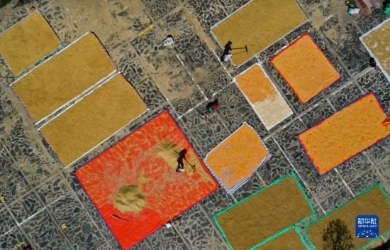 9月16日，貴州省黔東南苗族侗族自治州丹寨縣南皋鄉(xiāng)石橋村村民在晾曬農(nóng)作物（無人機照片）。