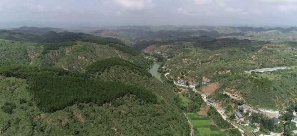 黃土溝壑中的高西溝村滿眼綠色（無人機(jī)照片，2023年7月26日）。新華社記者陳昌奇 攝