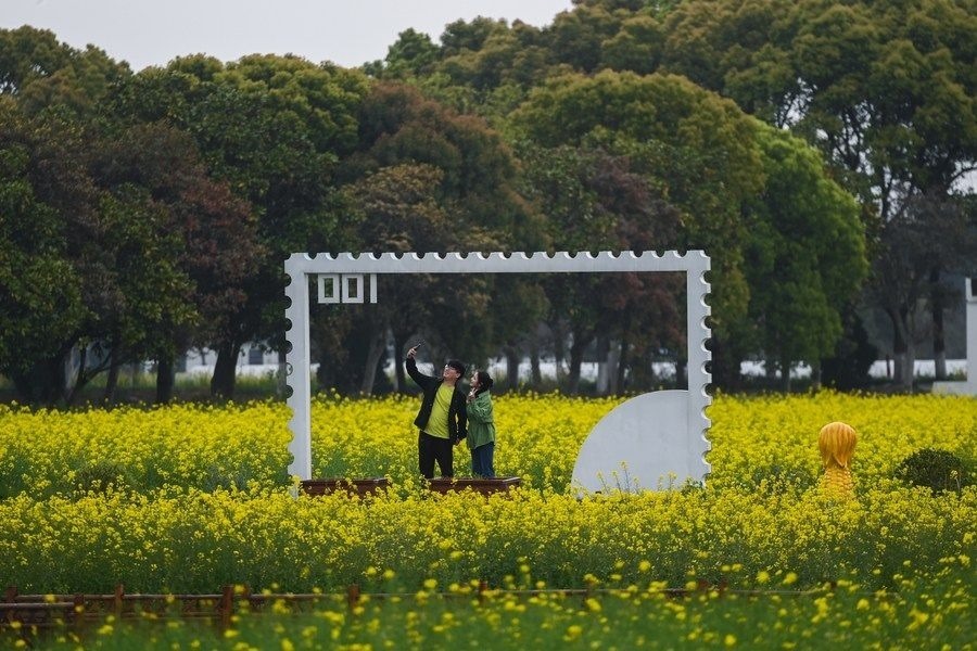  游客在浙江嘉興市秀洲區(qū)王店鎮(zhèn)鎮(zhèn)中村的“青青樂地”農(nóng)耕文化園內(nèi)游玩（2023年4月3日攝）。