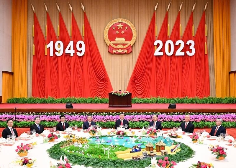 △2023年9月28日，慶祝中華人民共和國成立74周年招待會(huì)在北京人民大會(huì)堂舉行。