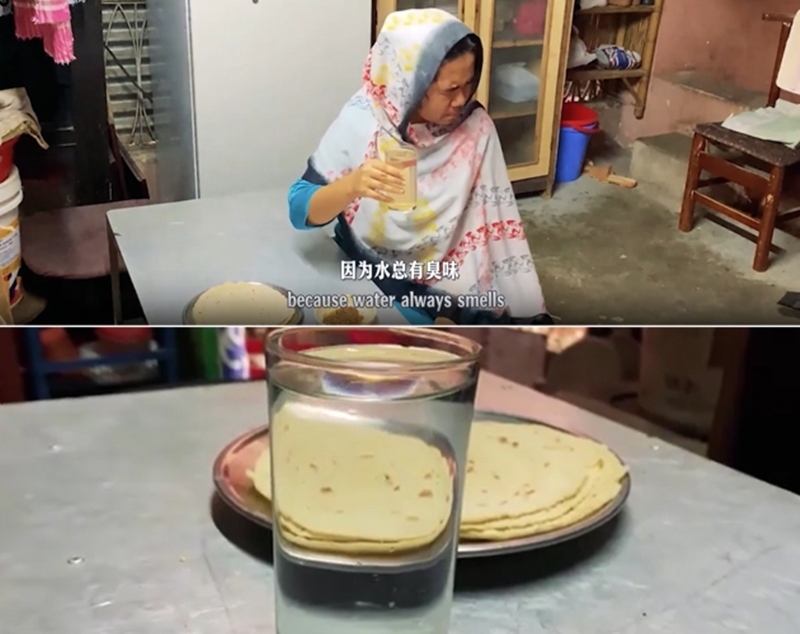 圖為紀(jì)實短片截圖：上圖為水質(zhì)未改善前，飲用水發(fā)黃渾濁；下圖為水廠建成后，飲用水水質(zhì)明顯改善，清澈透明。