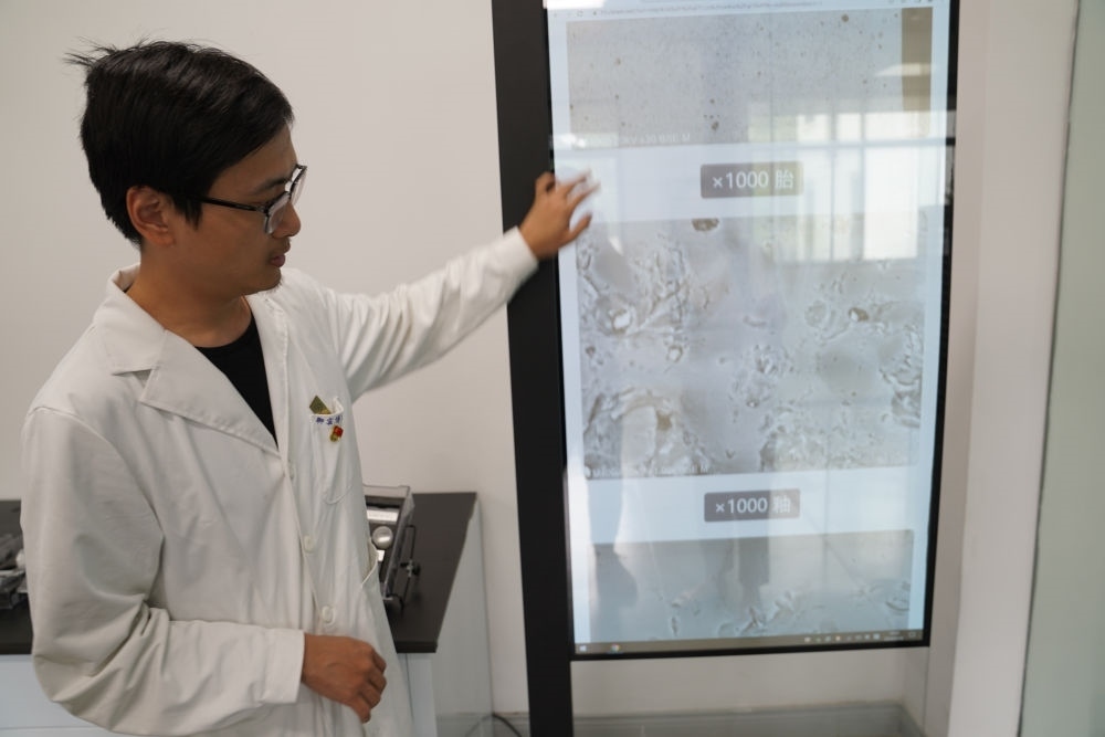 ↑ 工作人員展示瓷片標(biāo)本的配方研究數(shù)據(jù)（2023年5月16日攝）。