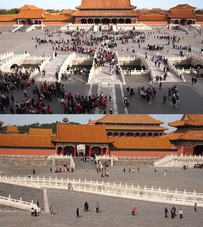 上午9時(shí)和下午13時(shí)的太和門廣場客流對比。故宮博物院供圖