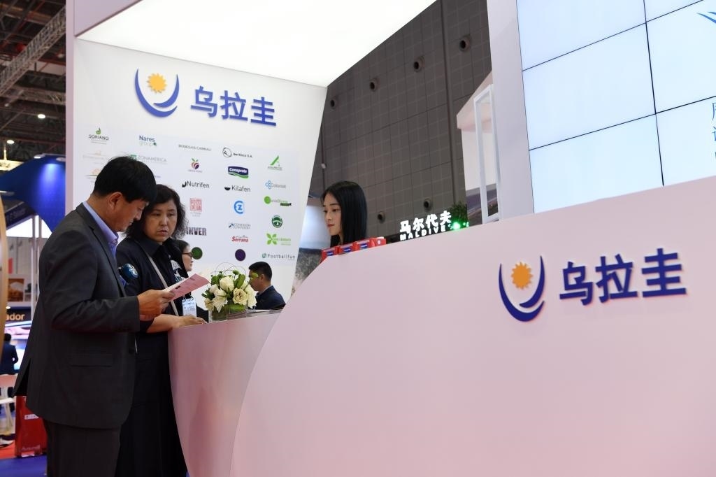 2019年11月6日，參觀者在第二屆進博會烏拉圭國家館展臺咨詢。