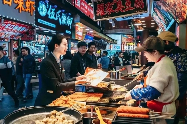 當?shù)劂y行工作人員向個體經(jīng)營者介紹金融服務。受訪者供圖