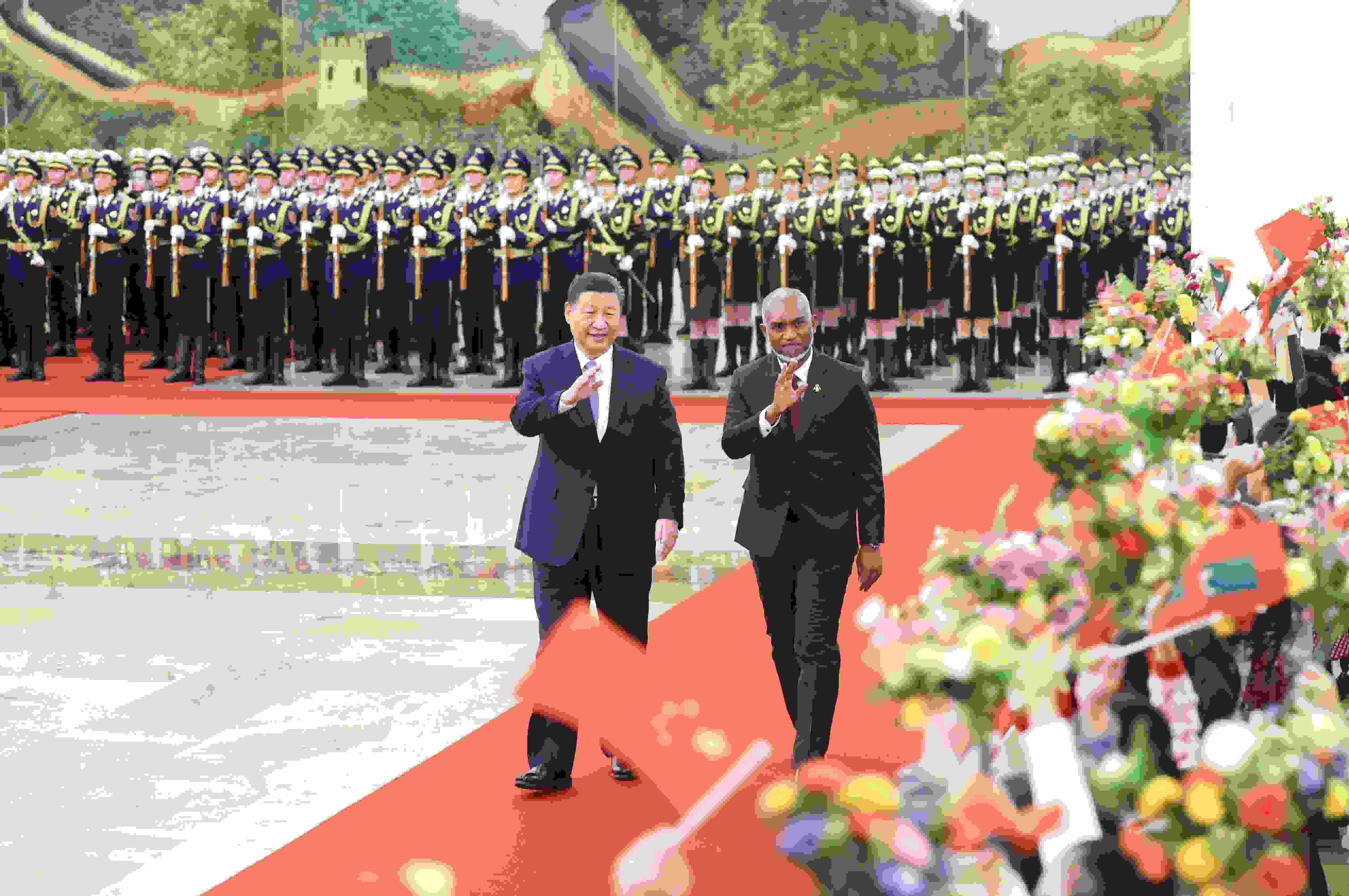 △2024年1月10日下午，國(guó)家主席習(xí)近平在北京人民大會(huì)堂同來華進(jìn)行國(guó)事訪問的馬爾代夫總統(tǒng)穆伊茲舉行會(huì)談。會(huì)談前，習(xí)近平主席在人民大會(huì)堂北大廳為穆伊茲總統(tǒng)舉行歡迎儀式。