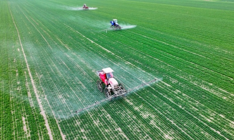 2024年2月18日，安徽省亳州市，利辛縣紀(jì)王場鄉(xiāng)孫老家村麥田，農(nóng)民駕駛自走式高桿噴霧機對小麥進行噴藥作業(yè)。