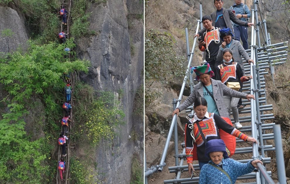 “懸崖村”今昔對比：左圖為2016年5月14日，“懸崖村”的孩子們攀爬木梯回家。右圖為2020年5月13日，“懸崖村”村民帶著行李通過鋼梯下山，搬遷至易地扶貧集中安置點的新家。