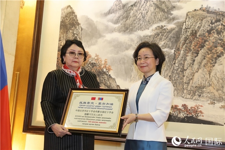 沈大使向?qū)殑跔柆敚ㄗ螅┟貢L轉(zhuǎn)交捐款。人民網(wǎng)記者 霍文攝