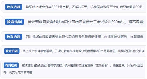 “人民投訴”用戶舉報(bào)機(jī)構(gòu)虛假宣傳包過包拿證、虛假承諾收益效果、課程服務(wù)貨不對板、退款難等在線教培亂象。（“人民投訴”平臺(tái)截圖）