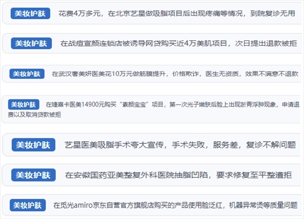 “人民投訴”用戶舉報(bào)醫(yī)美未達(dá)預(yù)期效果或?qū)е律眢w損傷退款遭拒、機(jī)構(gòu)及服務(wù)人員虛假資質(zhì)、被誘導(dǎo)高額醫(yī)美貸、網(wǎng)購美容儀器質(zhì)量不過關(guān)等問題。（“人民投訴”平臺(tái)截圖）