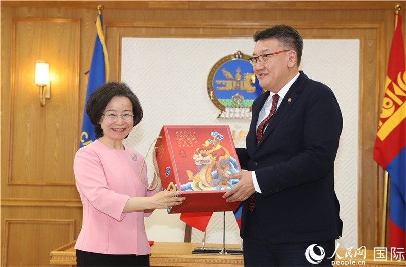 沈大使向扎布赫楞部長贈(zèng)送吉祥龍。人民網(wǎng)記者 霍文攝