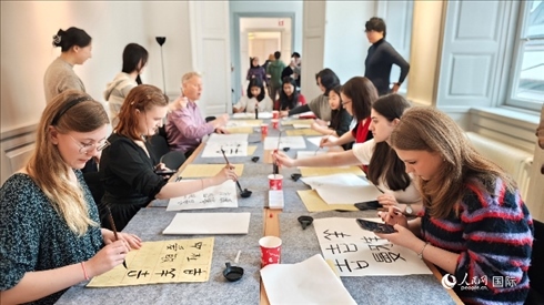 瑞典書法愛(ài)好者專心學(xué)習(xí)書法。人民網(wǎng)記者 殷淼攝