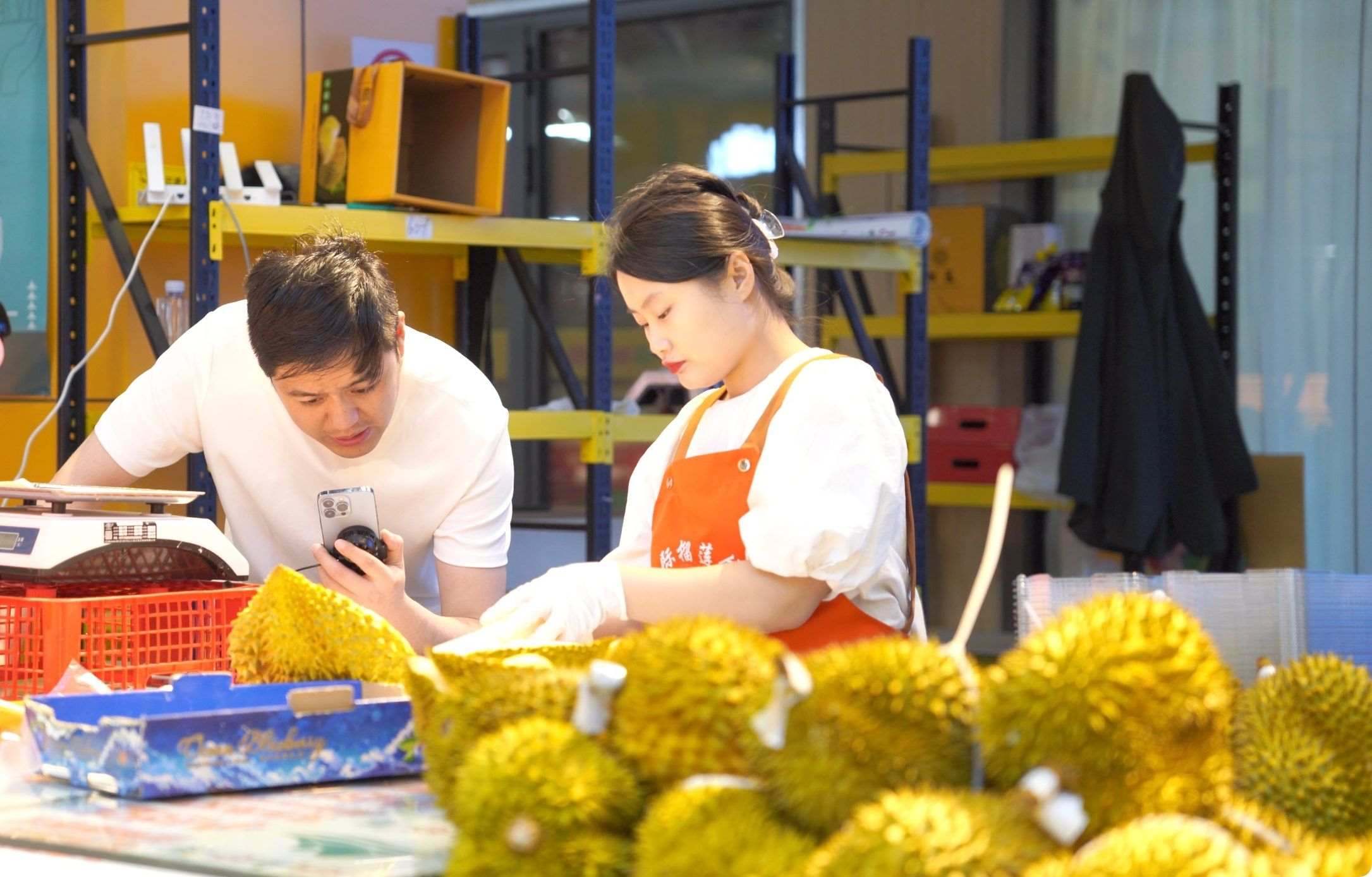 榴蓮商家正在通過手機(jī)直播銷售榴蓮。人民網(wǎng)記者申佳平 攝