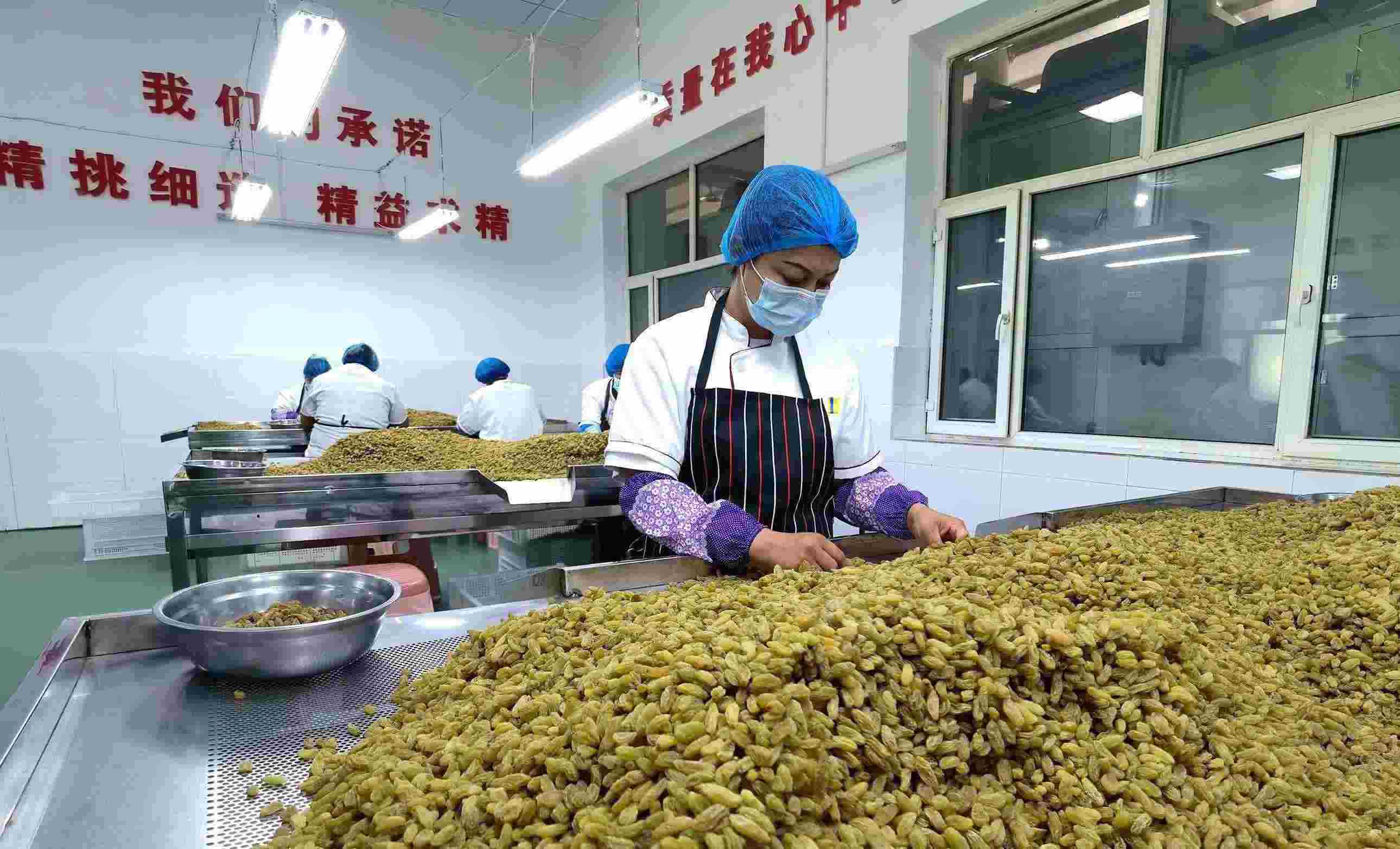 新疆吐魯番市高昌區(qū)亞爾鎮(zhèn)新城西門村，村民們在分揀葡萄干。