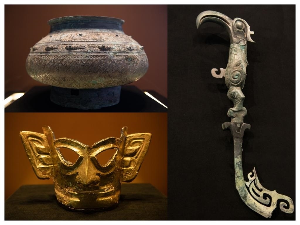 拼版照片：左上圖為青銅瓿，左下圖為黃金面具，右圖為青銅樹(shù)枝。新華社記者唐文豪 攝