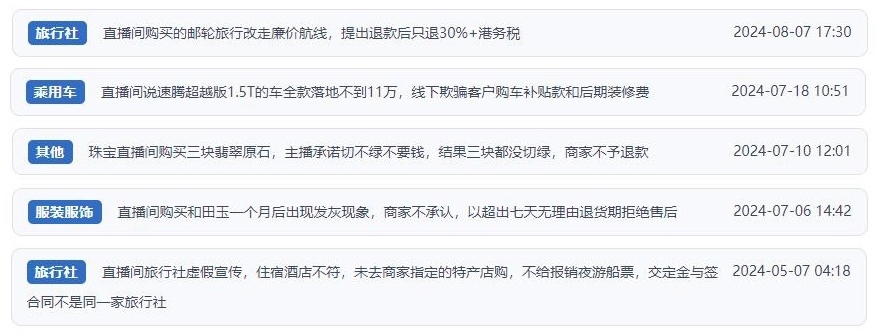 近期網(wǎng)友涉及直播購物相關(guān)投訴問題。（“人民投訴”用戶投訴截圖）