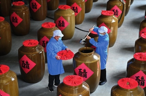 工作人員在山西省長治市平順縣龍溪鎮(zhèn)龍鎮(zhèn)村農(nóng)旅產(chǎn)業(yè)融合發(fā)展示范園內查看醋的成色（2024 年 5 月 10 日攝）楊晨光攝 / 本刊