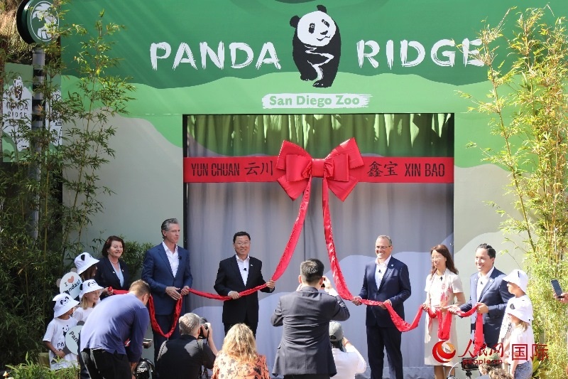 1、中國駐美國大使謝鋒、加州州長紐森、圣迭戈市市長格洛利亞等人共同為“熊貓嶺”開館剪彩。 人民網(wǎng)記者 李志偉攝