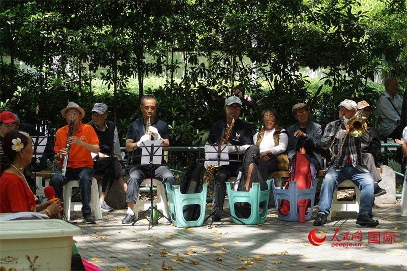 成都居民在公園里演奏歌曲。人民網(wǎng) 王禹蘅攝