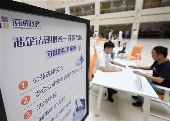 在天津濱海新區(qū)政務(wù)服務(wù)中心，工作人員在“涉企法律服務(wù)一件事”專區(qū)為市民提供服務(wù)（2024年7月31日攝）。新華社記者 趙子碩 攝