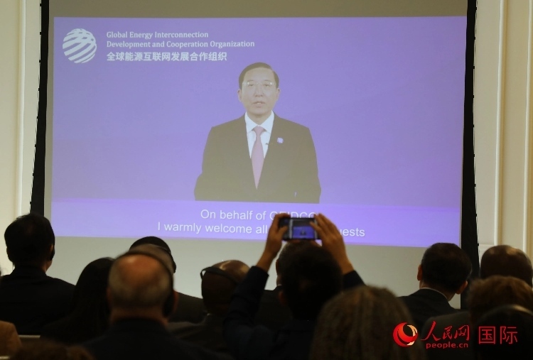 全球能源互聯(lián)網(wǎng)發(fā)展合作組織主席、中國電力企業(yè)聯(lián)合會理事長辛保安通過視頻方式致辭。人民網(wǎng)記者 李志偉攝