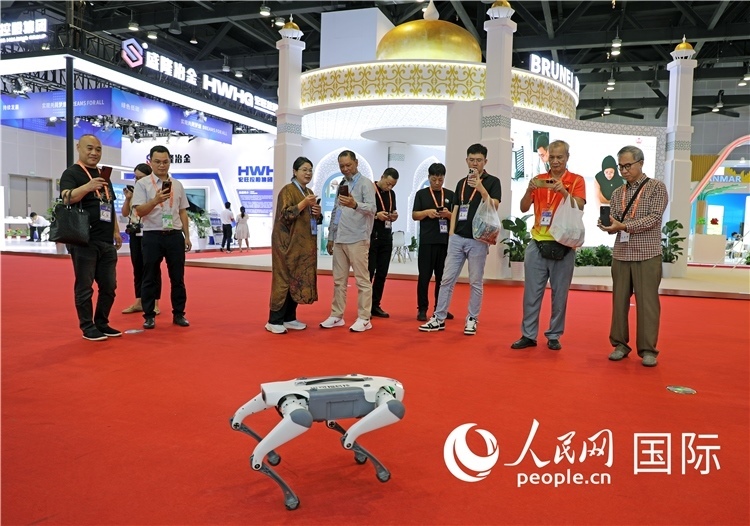 東博會(huì)上，觀眾正在參觀一只機(jī)器狗。綠色能源、新能源汽車、綠色農(nóng)產(chǎn)品等成為本屆東博會(huì)觀眾關(guān)注的焦點(diǎn)。人民網(wǎng)記者 趙益普攝