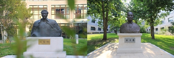 拼版照片：左圖為中央黨校（國(guó)家行政學(xué)院）校園內(nèi)的焦裕祿雕塑；右圖為中央黨校（國(guó)家行政學(xué)院）校園內(nèi)的谷文昌雕塑。