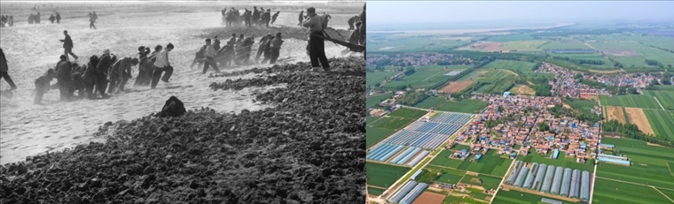 拼版照片：左圖為蘭考群眾在拉淤土壓沙（新華社記者 鄧歷耕 攝）；右圖為2024年4月25日拍攝的蘭考縣張莊村（無(wú)人機(jī)照片，新華社記者 郝源 攝）。