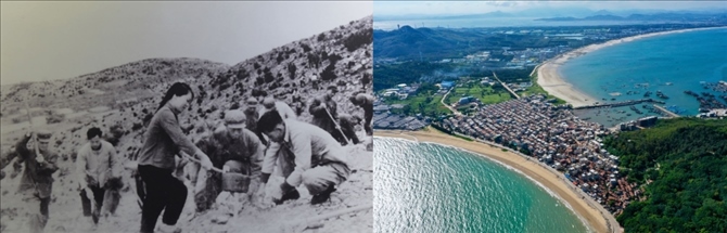 拼版照片：左圖為東山縣群眾在荒山上種植樹(shù)苗（資料照片）；右圖為2020年6月18日拍攝的東山縣陳城鎮(zhèn)澳角村附近風(fēng)光（無(wú)人機(jī)照片，新華社記者 姜克紅 攝）。