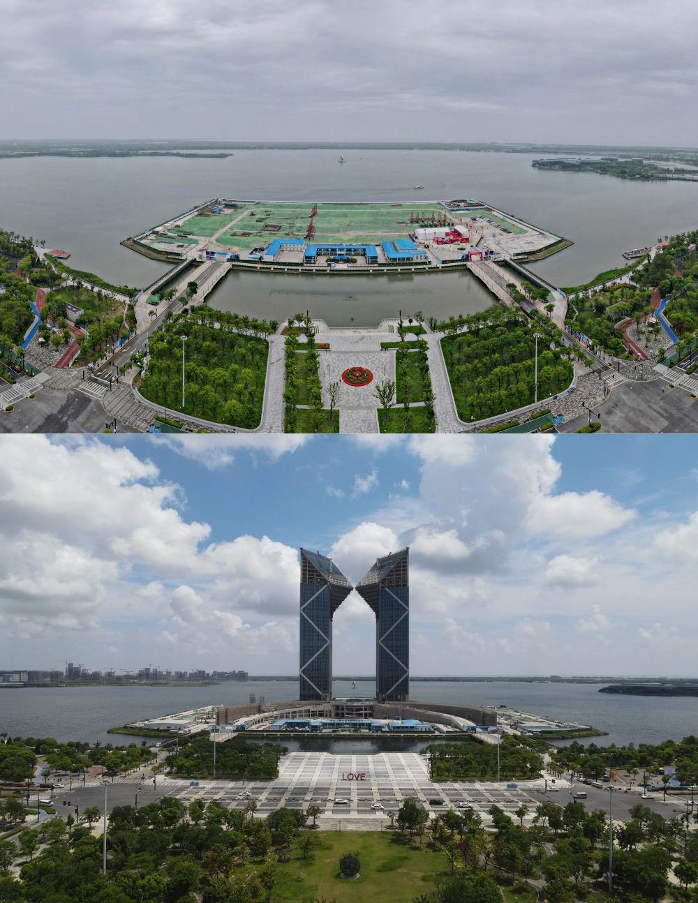 拼版照片：空中俯瞰中國（上海）自由貿(mào)易試驗區(qū)臨港新片區(qū)滴水湖西島中銀金融中心項目現(xiàn)場（上圖為2021年6月20日攝，無人機照片；下圖為2024年8月14日攝，無人機照片）。2019年8月20日，臨港新片區(qū)揭牌成立，一個開放新高地在長江與東海交匯處日益崛起。
