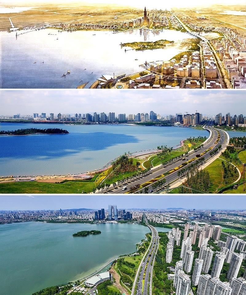 拼版照片：上圖為1994年繪制的蘇州工業(yè)園區(qū)手繪規(guī)劃圖；中圖為2007年拍攝的蘇州工業(yè)園區(qū)；下圖為2023年7月4日用無(wú)人機(jī)拍攝的蘇州工業(yè)園區(qū)。