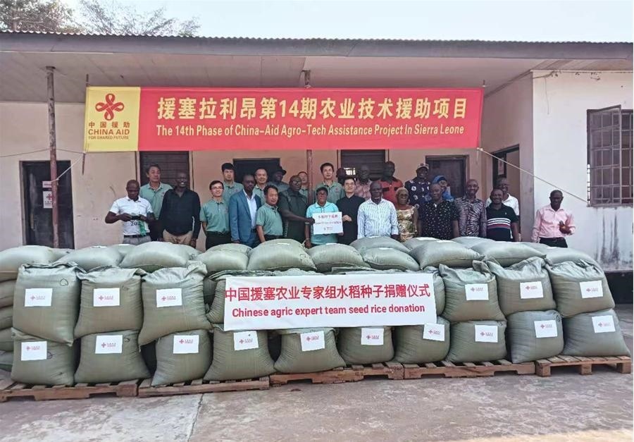 中國援塞拉利昂農(nóng)業(yè)專家組在塞南方省博城舉辦水稻種子捐贈儀式。中國援塞農(nóng)業(yè)專家組供圖