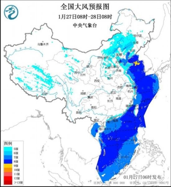 全國大風預報圖(1月27日08時-28日08時) 圖片來源:中央氣象臺網站