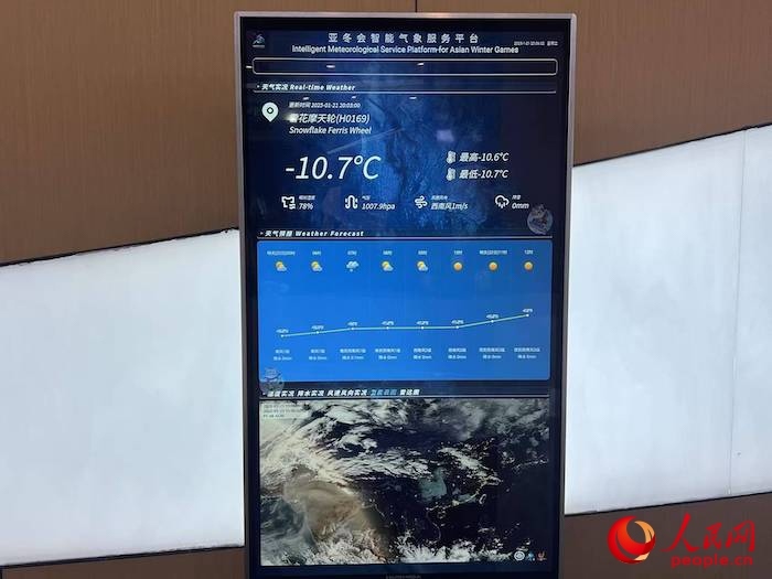 摩天輪等候大廳實時顯示的氣象信息。人民網(wǎng) 高清揚攝