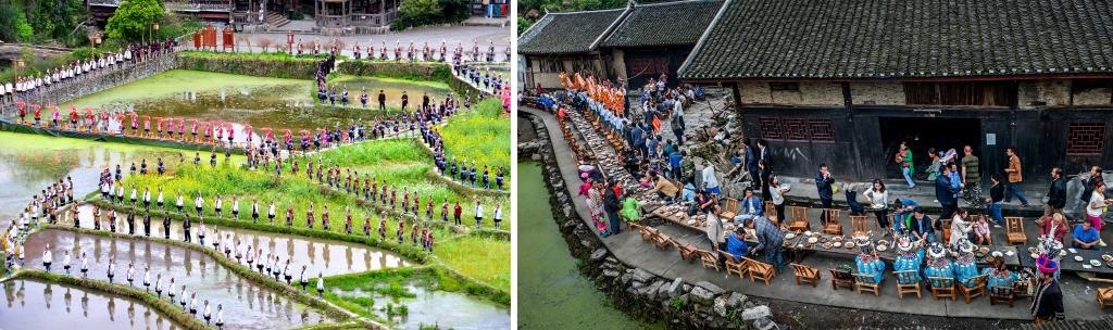 左圖：近期，人們?cè)诶杵娇h肇興侗寨的田園里演唱侗族大歌（黎平縣委宣傳部供圖）；右圖：這是2023年拍攝的十八洞村長(zhǎng)桌宴（湘西州委宣傳部供圖）。