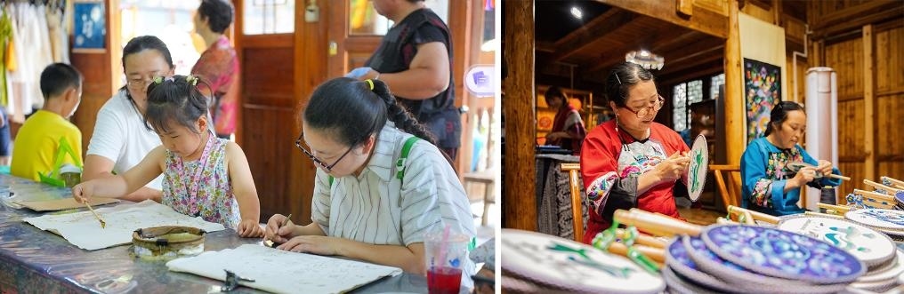 左圖：近期，游客在黎平縣肇興侗寨體驗(yàn)非遺蠟染藝術(shù)（黎平縣委宣傳部供圖）；右圖：這是2024年拍攝的繡娘在十八洞村梨子寨苗繡鄉(xiāng)村振興示范基地制作苗繡產(chǎn)品（湘西州委宣傳部供圖）。