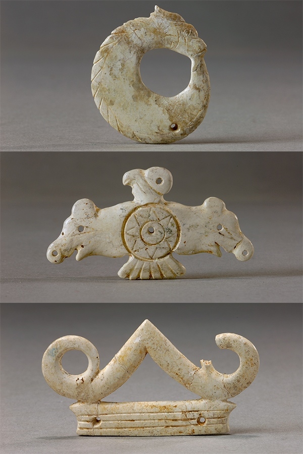 玉龍（上）、玉鷹（中）和玉冠飾（下）。國家文物局供圖