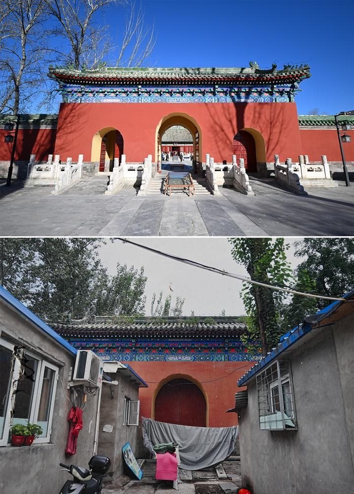 位于先農(nóng)壇內(nèi)的慶成宮，曾長時(shí)間被雜亂的民居占據(jù)。在北京中軸線申遺保護(hù)工作的帶動(dòng)下，北京完成了慶成宮區(qū)域文物征收騰退、非文物建筑拆除、彩畫保護(hù)、本體修繕、展覽布陳等，讓560多年歷史的古建群重新回歸。2024年12月，北京中軸線上先農(nóng)壇內(nèi)的慶成宮首次面向社會(huì)公眾開放。上圖為騰退修繕后的慶成宮內(nèi)宮門（資料照片）；下圖為翻拍的慶成宮內(nèi)宮門騰退修繕前的資料照片（2024年12月21日攝）。